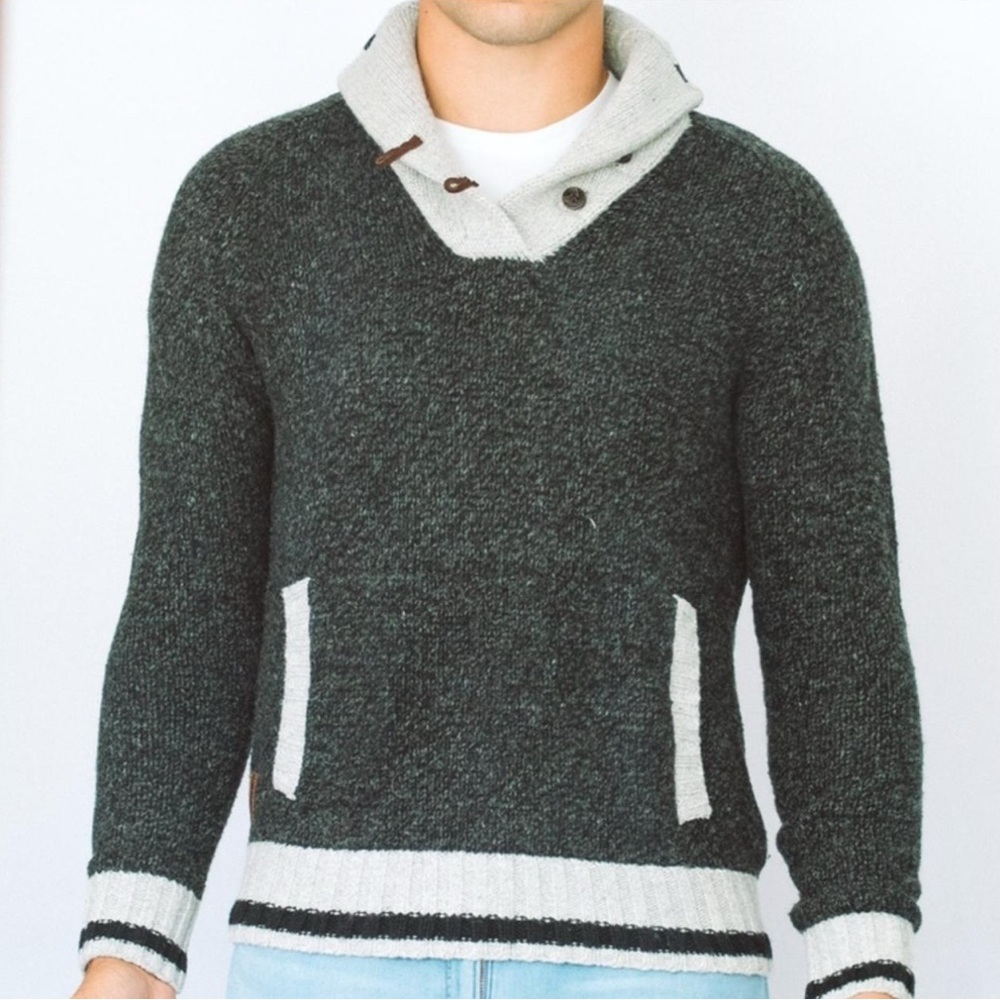 Roots wool blend shawl collar kangaroo pocket heavy sweater
